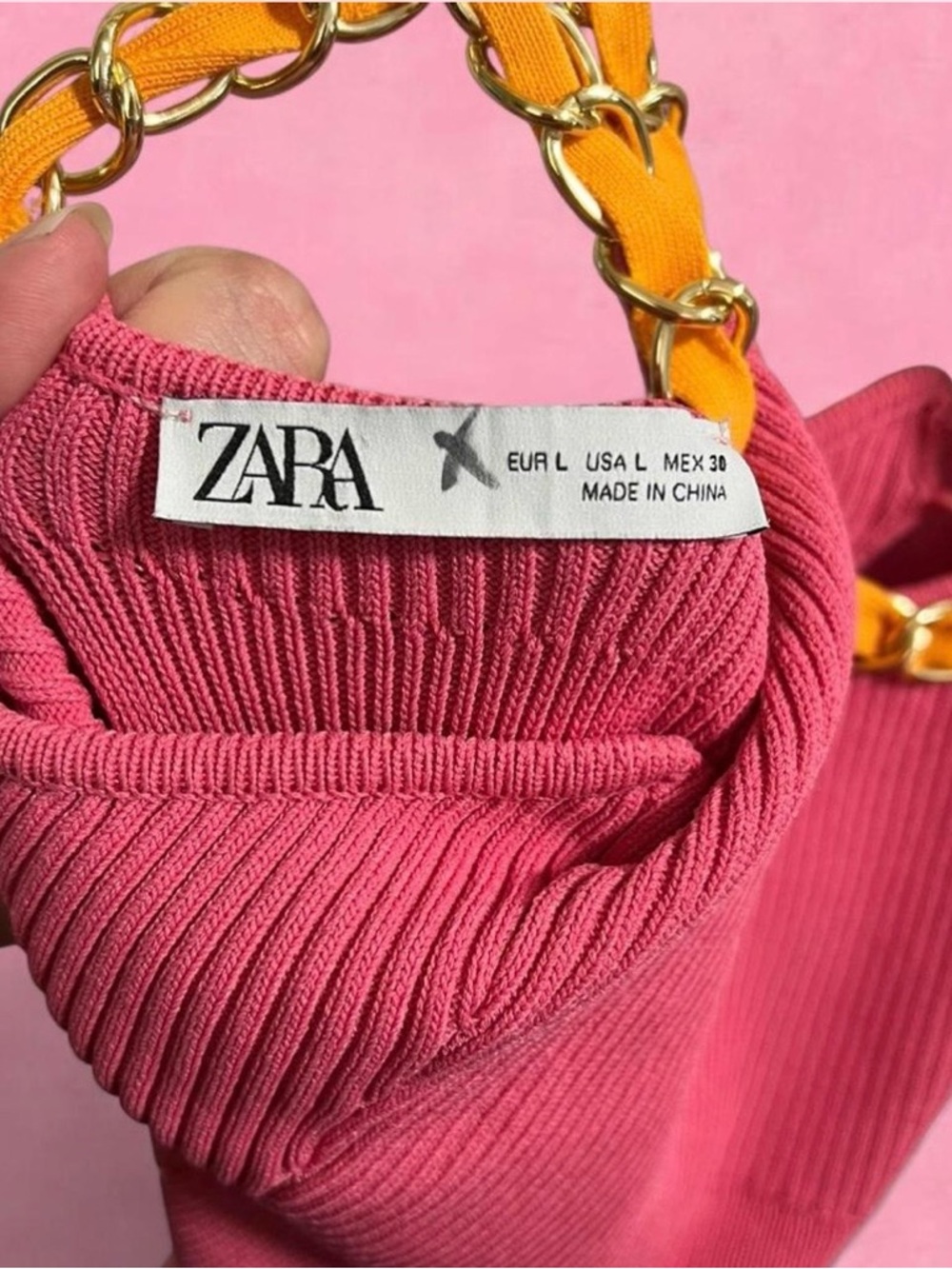 Zara Pink Sleeveless Knitted A-Line Mini Dress with orange and gold chain Trim - Picture 7 of 7